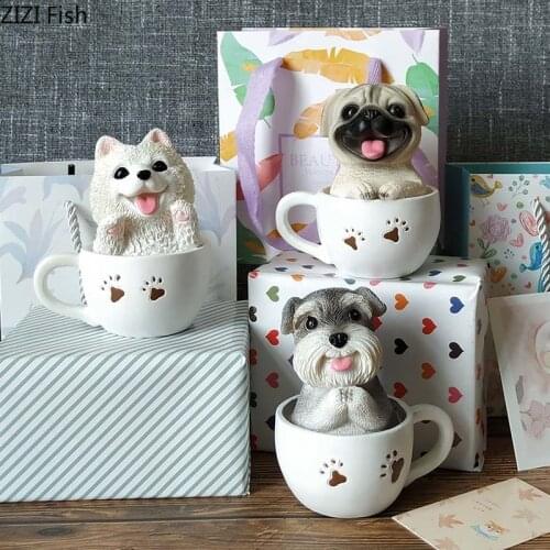 Simulation Animal Desk Decoration Resin Teacup Dog Miniature Figurines Cute Craft Gift Home Decoration Accessories Modern