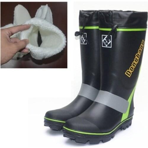 Mens Rain Boots Outdoor Keep Warm Plush Rubber Steel Sole Booties Mid-Calf Wilderness Fishing Hunting Reflective Boots 38-46