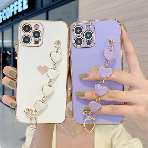 LOVECOM Plating Love Heart Chain Wrist Bracelet Soft Case For iPhone 12 Pro Max Mini 11 Pro Max X XS XR 7 8 Plus SE 2020 Cover