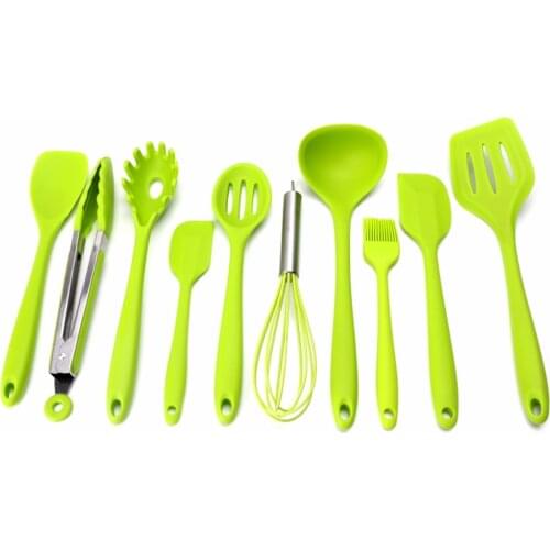 10Pcs/Set Green Heat Resitant Non-stick Silicone Kitchen Utensils Set Cooking Bake Tool Spatula, Spoon, Brush, Wisk, Tong C42