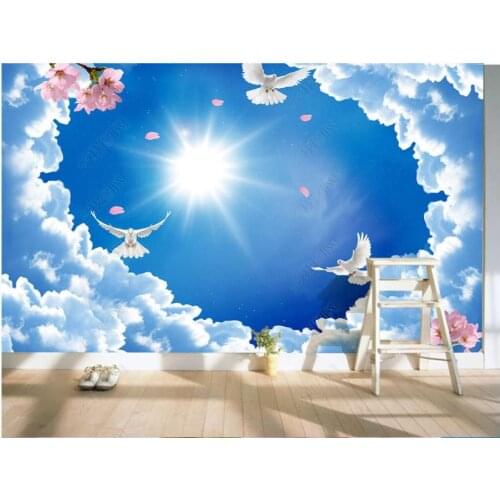Custom zenith mural 3d ceiling murals wallpaper for walls 3 d Simple blue sky white clouds, sun pigeon, zenith mural wall paper