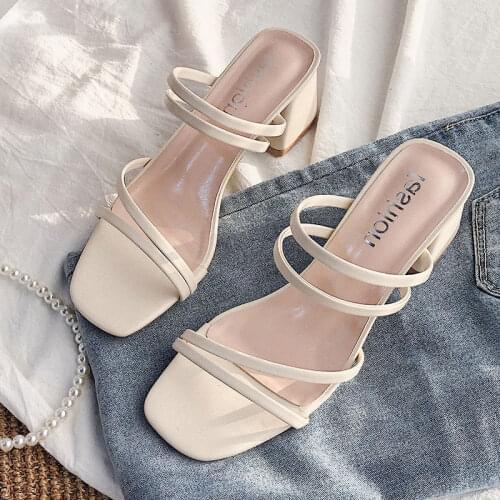 Black Thin Strap Sandals Female New 4cm Mid-heel Sandals Slippers Womens Outer Wear Chunky Heels Womens Shoes