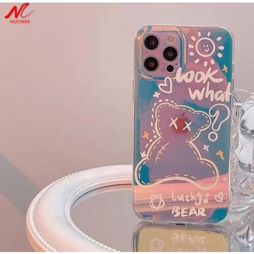 Cute Lucky Bear Laser IMD Soft Silicone Case for iPhone 11 Pro Max 12 Mini X Xs iPhone Xr 7 8 Plus Luxury Gradient Color Cover