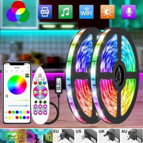 WiFi LED Strip Lights SMD 5050 2835 RGB Flexible Ribbon Tape Diode DC 12V Waterproof Bluetooth Control Holiday Party Room Decor