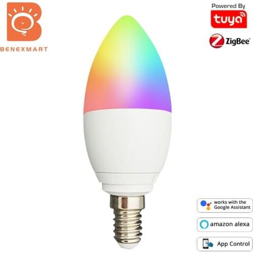 Benexamrt Tuya Zigbee 3.0 Smart Candle Bulb E14 5W Led Light Bulb RGBCW Dimmable Lamp Smart Life Alexa Google Home Smartthings
