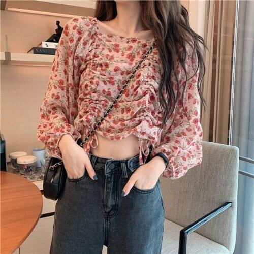 Womens Summer 2020 Square Collar Pleated Drawstring Puff Sleeve Chiffon Blusas Ropa De Mujer