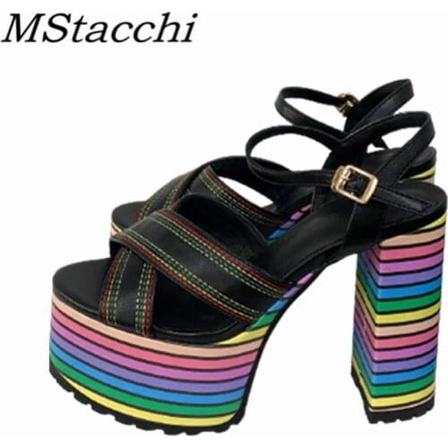MStacchi All-match Woman Sandal Buckle Crude Heel Round Toe Party High Heel Shoes Outdoor Mixed Colors Platform Sandals Female