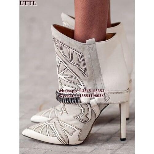 Pointed Toe Studs Women Stiletto High Heels Ankle Boots Embroidery Suede leather Fashion Sexy Shoes Slip-on Motorycle Boots