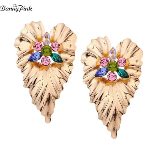 Banny Pink Chunky Alloy Leaf Studs Earrings For Women Big Rhinestone Metal Heart Post Earrings Fashion Jewelry Pendientes Bijoux