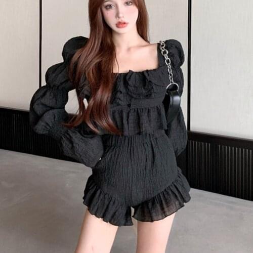 2021 Summer Womens Two Piece Set Black Long Sleeve Crop Top Short Shirt + Elastic Waist Shorts Suits Ladies Sexy 2 Piece Outfits