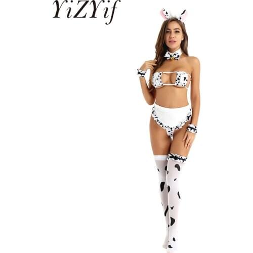 Women Cute Anime Cow Cosplay Costume Japanese Bikini Lingerie Set for Role Play Night Sleepwear Milk Cow Exotic Bikini Lingeries