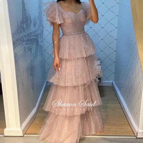 Glitter Sequins Pink Tulle Evening Dress Arabic Cap Sleeve Tiered Ruffles Long Prom Formal Dress for Women Wedding Party Gowns