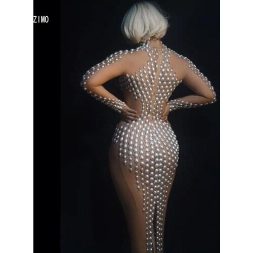 High quality Pearl Rhinestone mesh Dress Long Sleeve Sexy Prom Dance stage Costume Female Singer Night Party birthday for dress
