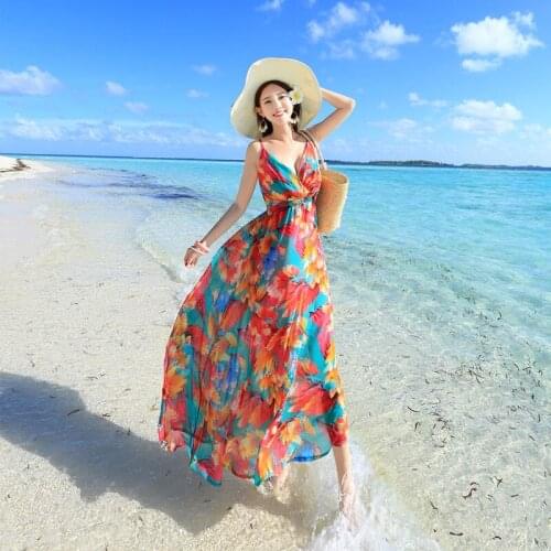 Ladies Print Floral Long Boho Chiffon Beach Summer Dress Women Sundress Sexy V-Neck Sleeveless Strap Maxi Dresses Vestidos Y665