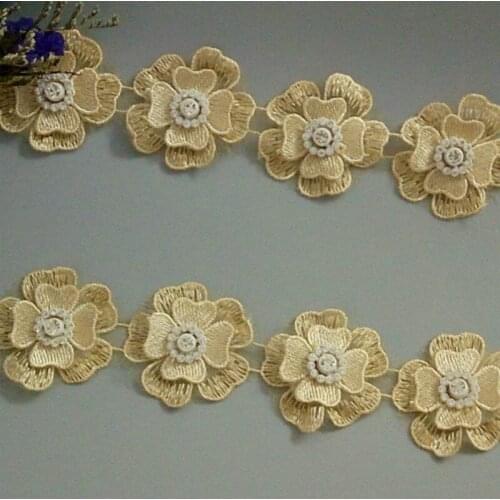 1 Yard 5cm Lace Trim Ribbon Gold Polyester Pearl Flower Embroidered Fabric Handmade Sewing Craft For Costume Hat Decoration