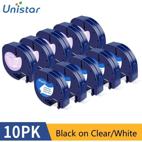 10PCS Plastic Tapes 12mm Compatible for Dymo Letratag Printer Tape 91201 12267 Plastic White Black on Clear tapes for LT-100H