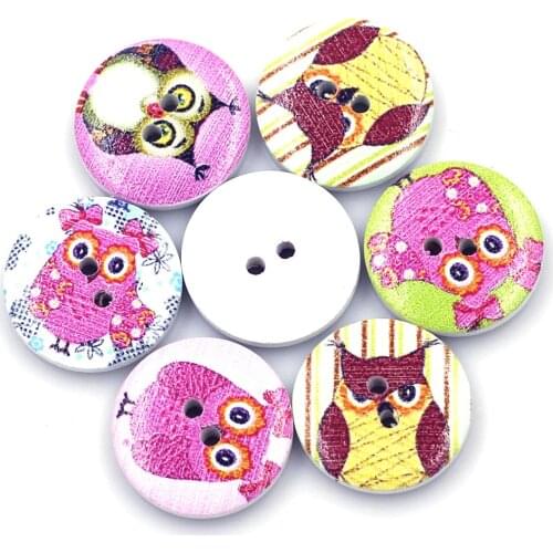 30PCS 20mm Mixed Round Wood Buttons 2 Holes Animal Owl Handmade Art Clothes Scrapbook Knitting Bag Gift Decor Sewing Accessories