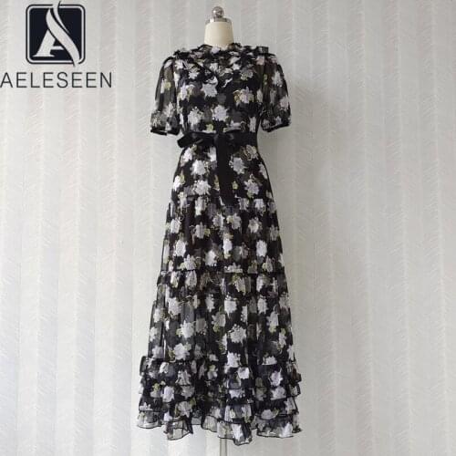AELESEEN Runway Fashion Black Summer Women Dress 2021 Designer Ruffles Flower Print Long Party Holiday Dress