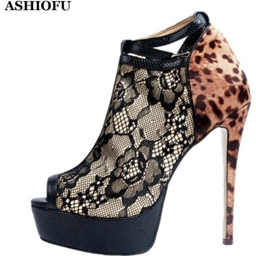 ASHIOFU New Classic Handmade Womens High Heel Pumps Sexy Lace Peep-toe Party Dress Shoes Platform Evening Fashion Court Shoes