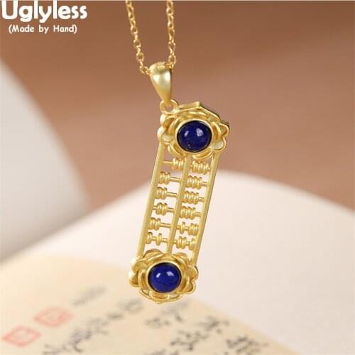 Uglyless Beads can't Move Origin of Chinese Arithmetic Abacus Pendants Women 925 Silver Hollow Rectangle Lapis Necklace NO Chain
