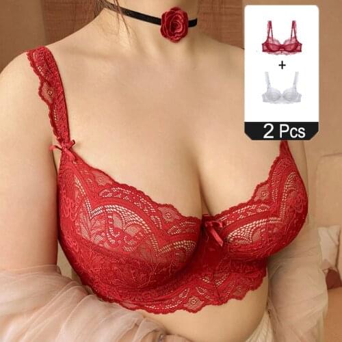 2 Pieces Plus Size D E Cup Ultra-Thin Transparent Lace Bra Top Female Sexy Lingerie Flower Embroidery Underwear Women Brassiere