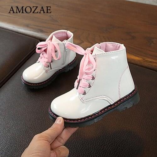 Childrens Boots Kids Boys Patent Leather Ankle Boots For Girls Fashion Non-slip Soft Waterproof Lacing Up Toddler Short Boots