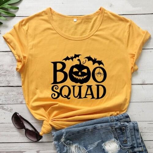 Boo Squad 100% Cotton T-shirt Scray Autumn Halloween Party Gift Tshirt Women Spooky Pumpkin Holiday Tee Shirt Top