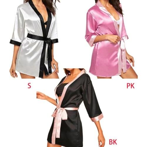 Womens Imitation Silk Sexy Short Kimono Robe Colorblock Bride Wedding Party Open Front Bathrobe Nightgown Sleepwear with DXAE