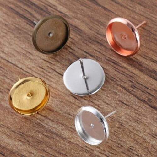 200pcs Round Earrings Post Setting Base Fit 8-16mm 12mm Glass Cabochon Cameo Silver Gold Plated Bezel DIY Blank Earring Findings