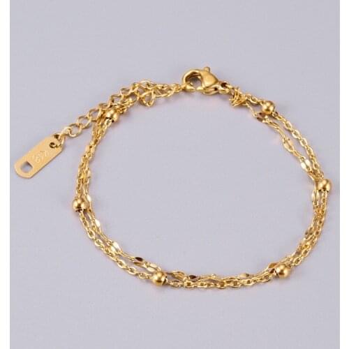 JIETHLING Multi Layer Boho Jewelry Gold Color Stainless Steel Beads O-chain Lip Shape Chains Two Lines Anklets For Women