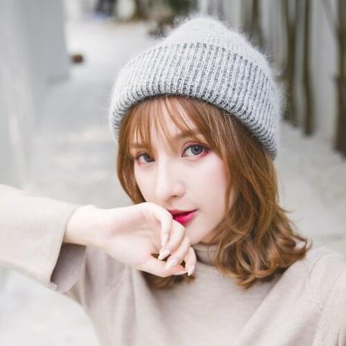 Fashion rabbit fur winter hat for women Angora Solid Warm Woolen Knitted Hat ladies skullies beanies Female bonnet soft knit hat