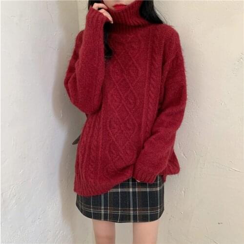 Trendy Women Turtleneck Knitted Pullovers Autumn Female Solid Color Loose Sweater Long Sleeve Knitwear Ladies Tops