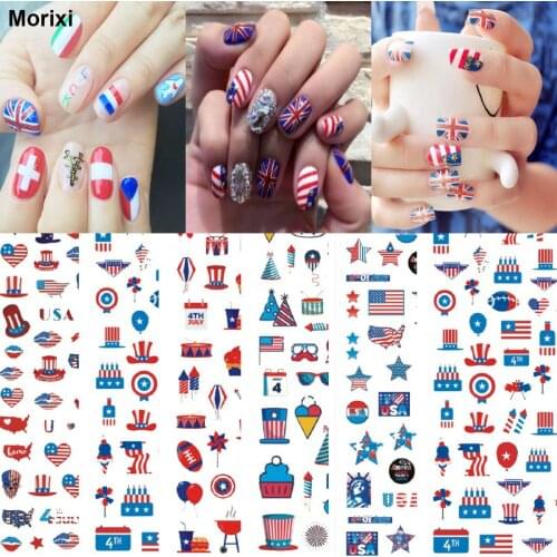 Morixi nail art sticker for Independence Day 12 colors flag hat iamge printing self glue nail art decals WG078