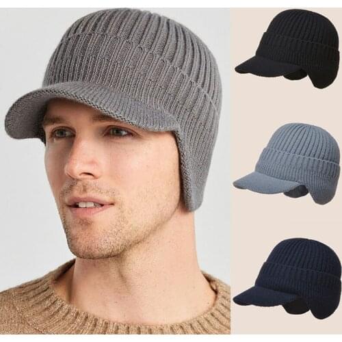 Men With Earflaps Warm Knitted Peaked Cap Winter Soft Ear Protection Comfortable Daily Anti Cold Fashion Solid Outdoor Portable