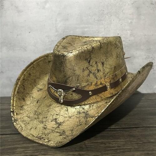 Men Women Leather Western Cowboy Hats Outdoor Gold Rill Brim Jazz Hat Sombrero Hombre Cowgirl Hat Punk Belt Size 58-59CM