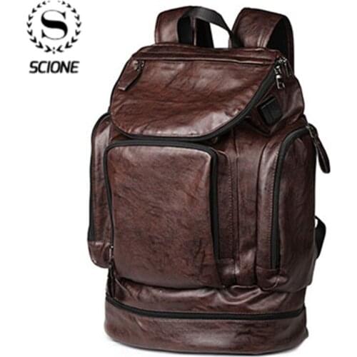Scione Waterproof Backpack Men PU Leather Backpack Travel Casual School Bag Male Functional Big Capacity Bookbag