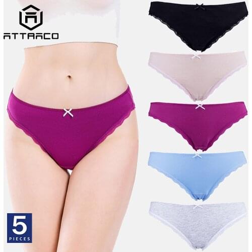 ATTRACO Women Panties Underwear 5 Pack Hipster Cotton Soft Comfort Solid Ladies Bow Tie Low-Waist Lace Trim Briefs Hot Sale