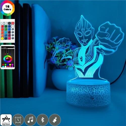 Ultraman Tiga Night Light LED Acrylic 3D Illusion Nightlight Kids RoomTable Lamp Party Atmosphere Decoration Gift Bluetooth Base