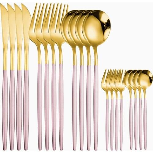 Pink Gold Tableware Set Western Dinnerwware Stainless Steel Cutlery Set Rainbow Kitchen Spoon Utensils Set Golden Dropshipping