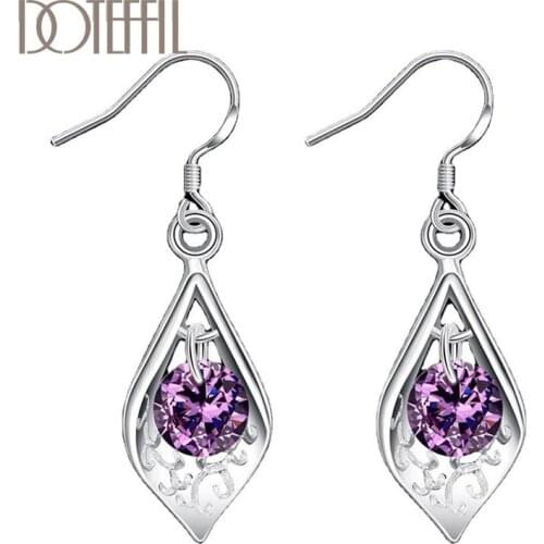 DOTEFFIL 925 Sterling Silver Purple AAA Zircon Shell Shape Earrings Charm Women Jewelry Fashion Wedding Engagement Party Gift