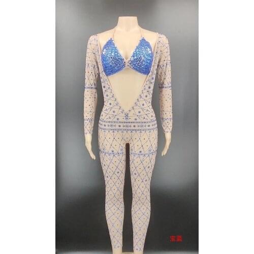 Blue Rhinestone Bra Long Sleeves Transparent Jumpsuit Birthday Leggings Big V-collar Outfit Women Dancer Wear