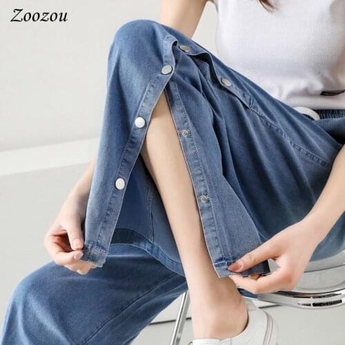 Blue Button Side Split Loose Wide Leg Jeans Women Drawstring Elastic Waist Denim Pants Plus Size 4xl Comfy Yoga Pants Trousers
