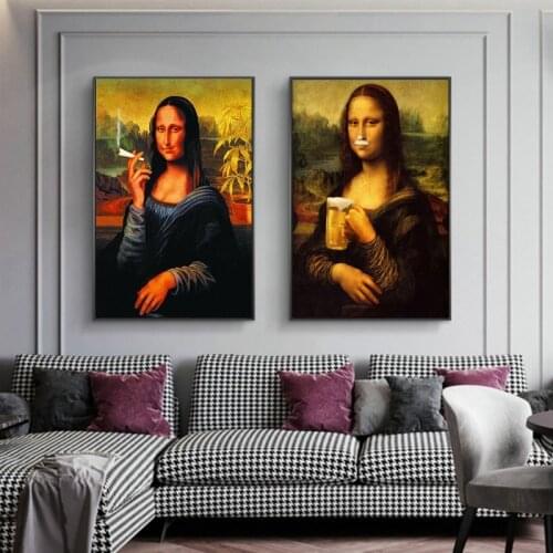 Funny Art Mona Lisa Drink and Smoking Canvas Posters Wall Art Pictures Da Vinci Famous Paintings on The Wall for Home Decor
