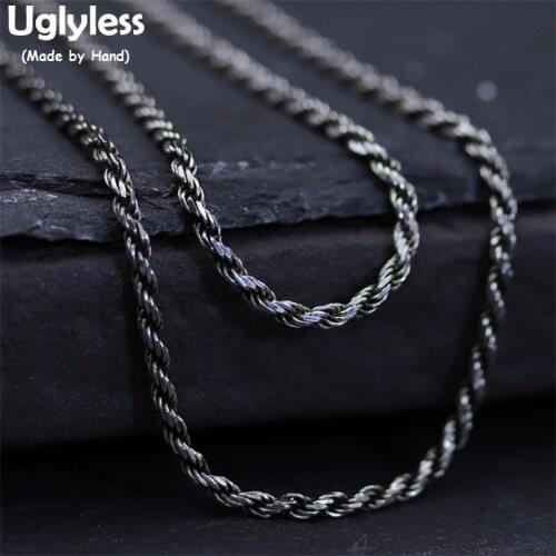 Uglyless Real S925 Black Vulcanize Thai Silver Unisex Twisted Chains Necklaces without Pendants 2MM Thickness Accessories Bijoux