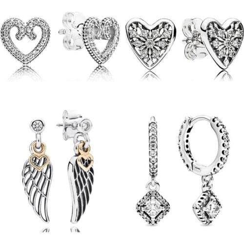 Original Gold Love Heart & Guidance Feather Hearts Of Winter Frost 925 Sterling Silver Earring For Women Gift Pandora Jewelry