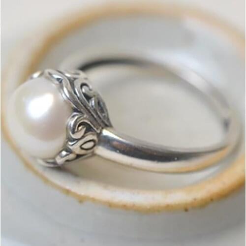 S925 Sterling Silver Womens Memorial Day Gift Original Design Chinese Style Elegant Glare True Pearl Open Retro Ring