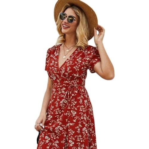 Dresses Woman Summer 2021 Summer Casual Dress A-Line V-Neck Print Floral Chiffon Dressesmidi Dres