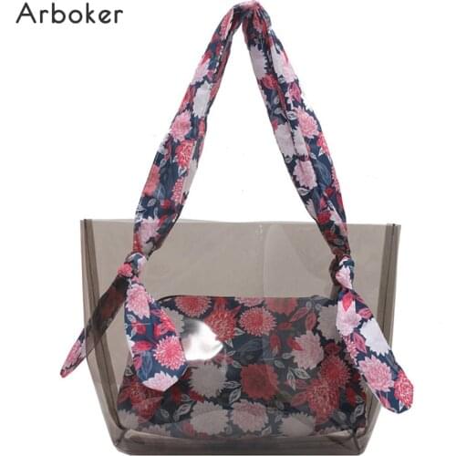 Large PVC Handbag Women Transparent Tote Holiday Shopping Beach Bags Flower Big Fashion Clear Shoulder Bag 2pcs/set