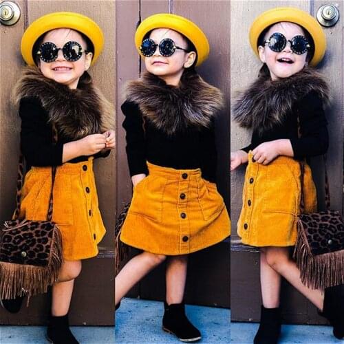3Pcs Spring Winter Children Girls Clothes Sets Kids Baby Long Sleeve Knit Top+A-line Skirt+Faux Fur Collar Fashion Kids Outfits