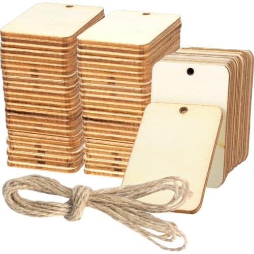 50/100pcs Wooden Slices Party Nature Hanging Label With Hemp square Gift Tags Rope Tags Wedding Decor Rectangle Blank Unfinished